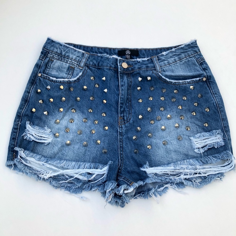 Distressed Denim Shorts Size 10 Ripped Studded NWT